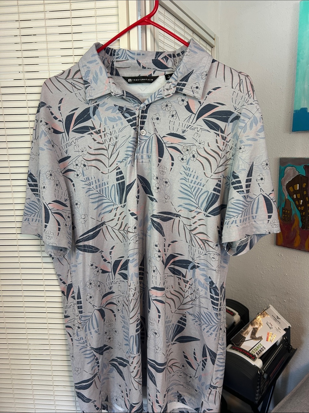 Travis Mathew Light Gray Polo with Blue and Pink Leaf Print